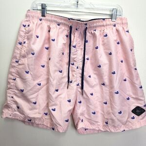 Spicy Tuna Swim Trunks Large Pink White Striped Duck Print Preppy Beach